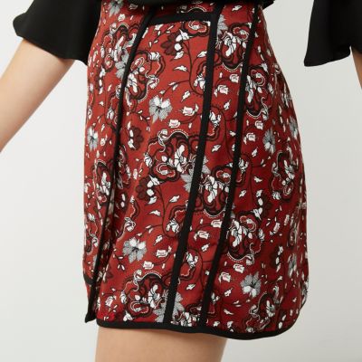 Petite red print wrap mini skirt